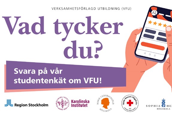 En hand som håller en mobiltelefon, VFU-enkäten. Illustration: N/A