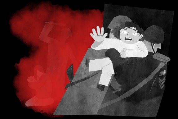 Illustration av ett barn som blir bortfört av en militär