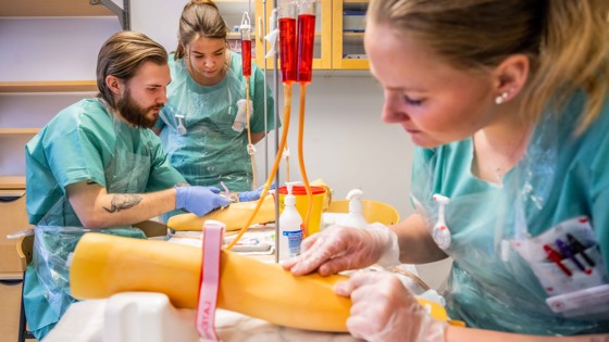 Studenter som övar på att ta blodprov. Foto: Jenny Frejing