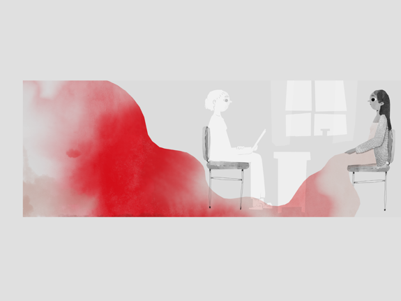 Tecknad bild av två människor som sitter och pratar.