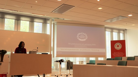 Svensk sjuksköterskeförenings ordförande Oili Dahl föreläste för specialistsjuksköterskestudenter vid Röda Korsets Högskola. Foto:RKH