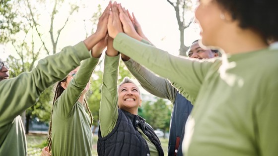 Personer som ger varandra highfive i skogen. Foto: Mostphotos.