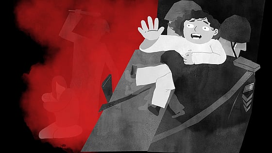 Illustration av ett barn som blir bortfört av en militär