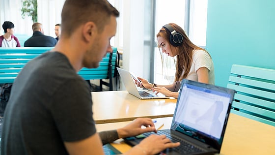 Två studenter som arbetar på sina bärbara datorer. Foto: Mostphotos