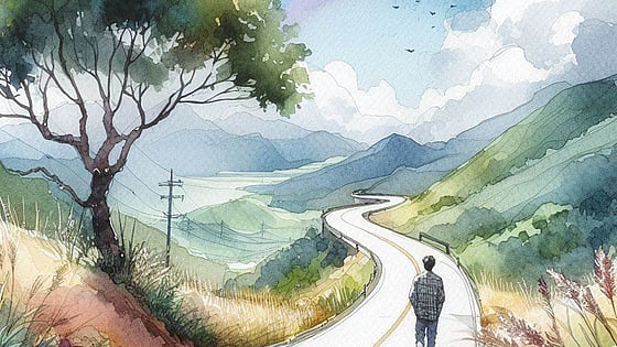 Illustration av person som går på en väg med en regnbåge i bakgrunden. Foto: Mostphotos