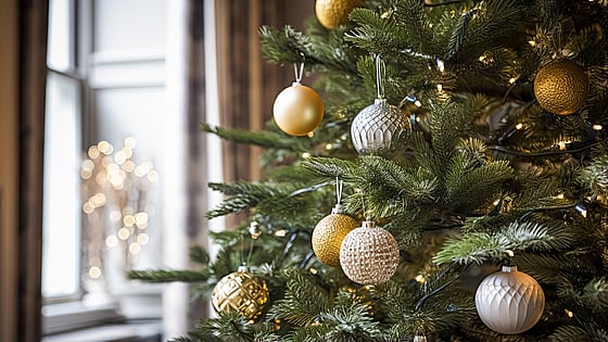 Julgran med pynt i. Foto: Mostphotos