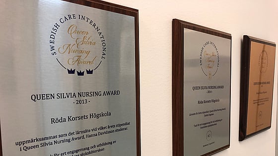 Plakat från tidigare års vinnare av Queen Silvia Nursing Award från Röda Korsets Högskola. Foto: RKH