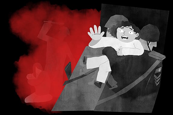 Illustration av ett barn som blir bortfört av en militär