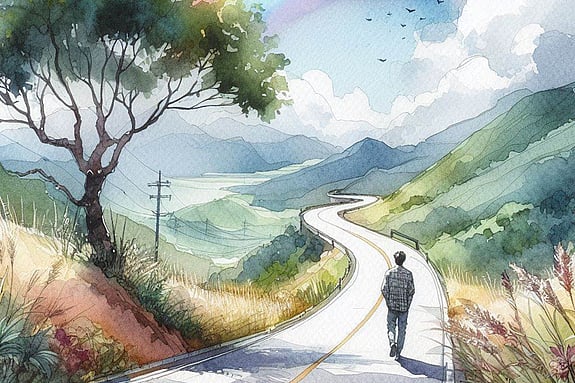 Illustration av en person som går på en väg med en regnbåge i bakgrunden. Foto: Mostphotos