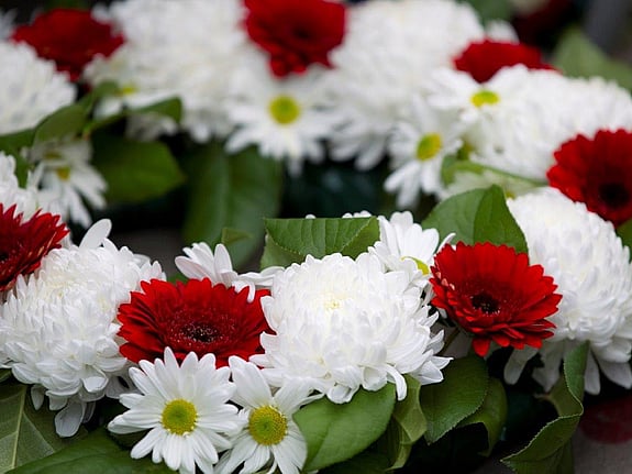 Bild av röda och vita blommor.