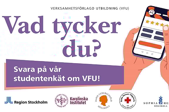 En hand som håller en mobiltelefon, VFU-enkäten. Illustration: N/A