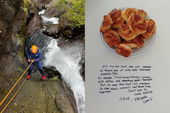 Lynn klättrar och bjuder på kanelbullar. Foto: Privat