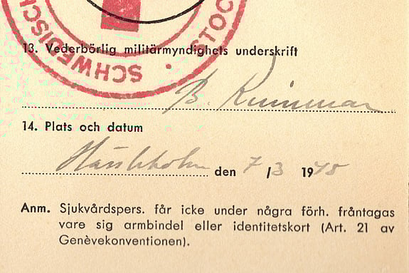 Margareta Björckes identitetskort för Svenska Röda Korset, utfärdad 7 mars 1945. Foto: Svenska Röda Korset