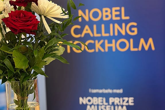 Röd- vita blommor i en vas. Foto: RKH