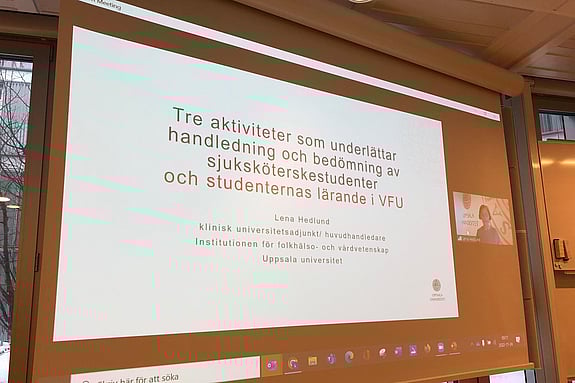 Lena Hedlund, klinisk universitetsadjunkt och huvudhandledare vid Institutet för folkhälso- och vårdvetenskap vid Uppsala universitet håller sin presentation. Foto: RKH