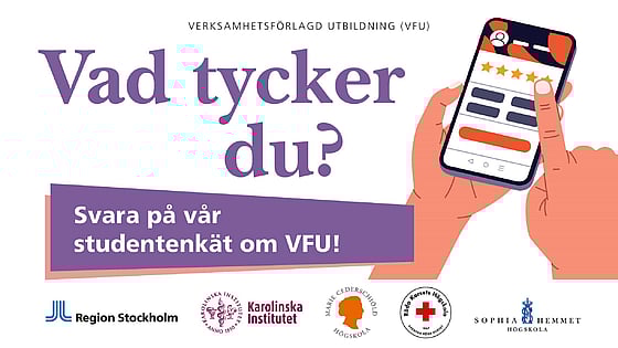 En hand som håller en mobiltelefon, VFU-enkäten. Illustration: N/A