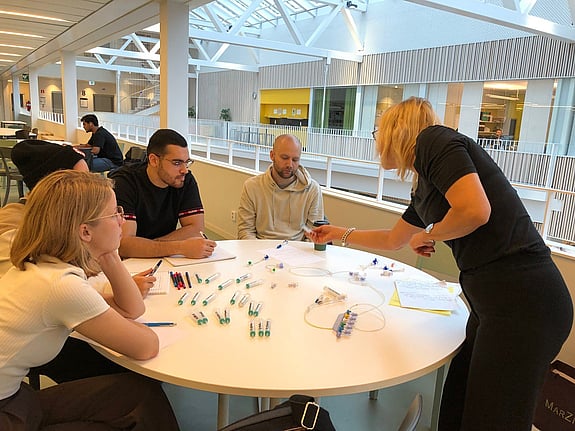 Studenter vid Röda Korsets Högskola med lärare Charlotta Tegnestedt. Foto: RKH