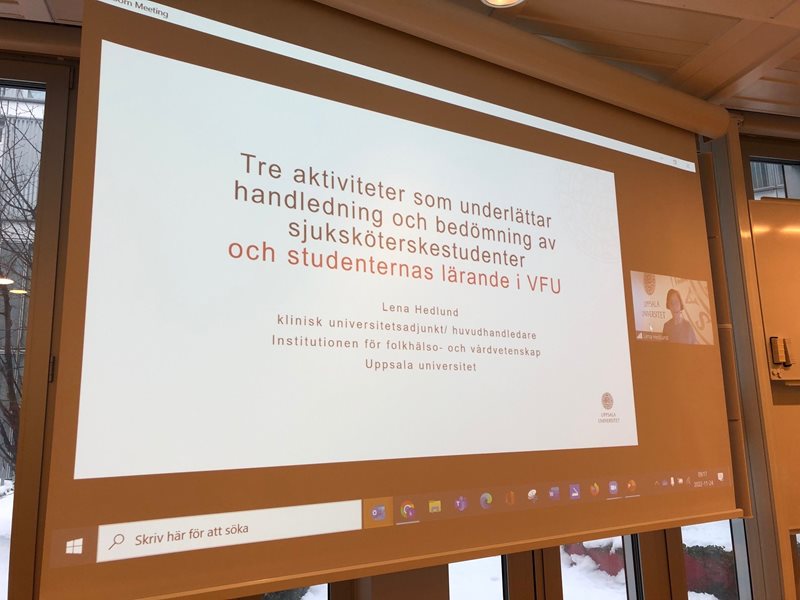 Lena Hedlund, klinisk universitetsadjunkt och huvudhandledare vid Institutet för folkhälso- och vårdvetenskap vid Uppsala universitet håller sin presentation.